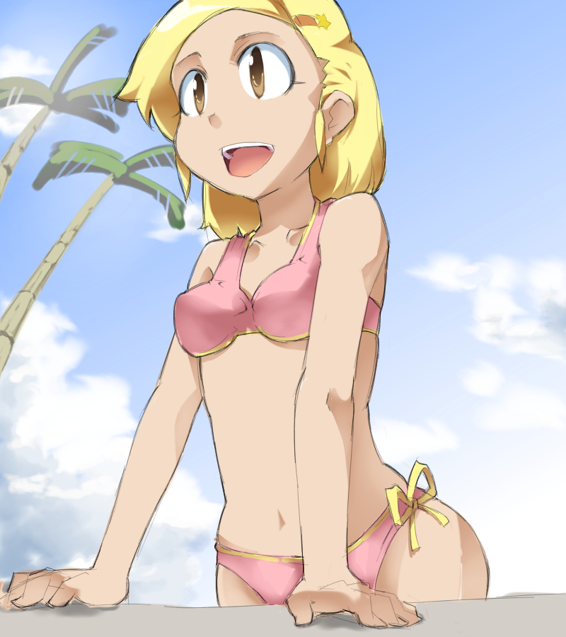 obomugera, angol mois, keroro gunsou, bad id, bad pixiv id, 1girl, bikini, blonde hair, blue eyes, dark-skinned female, dark skin, day, female focus, gyaru, kogal, pink bikini, short hair, side-tie bikini bottom, solo, swimsuit, yellow eyes