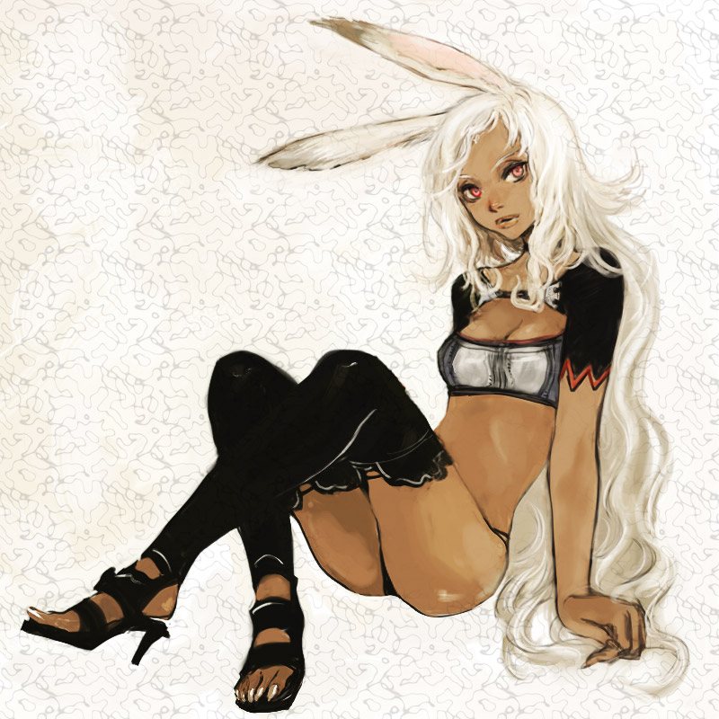 kno, kno (anahita), fran (ff12), final fantasy, final fantasy xii, bad id, bad pixiv id, 00s, 1girl, animal ears, ass, black panties, breasts, cleavage, dark-skinned female, dark skin, female focus, high heels, long hair, midriff, panties, rabbit ears, red eyes, sandals, shoes, sitting, solo, thighhighs, thong, toeless legwear, toes, underwear, viera, white hair