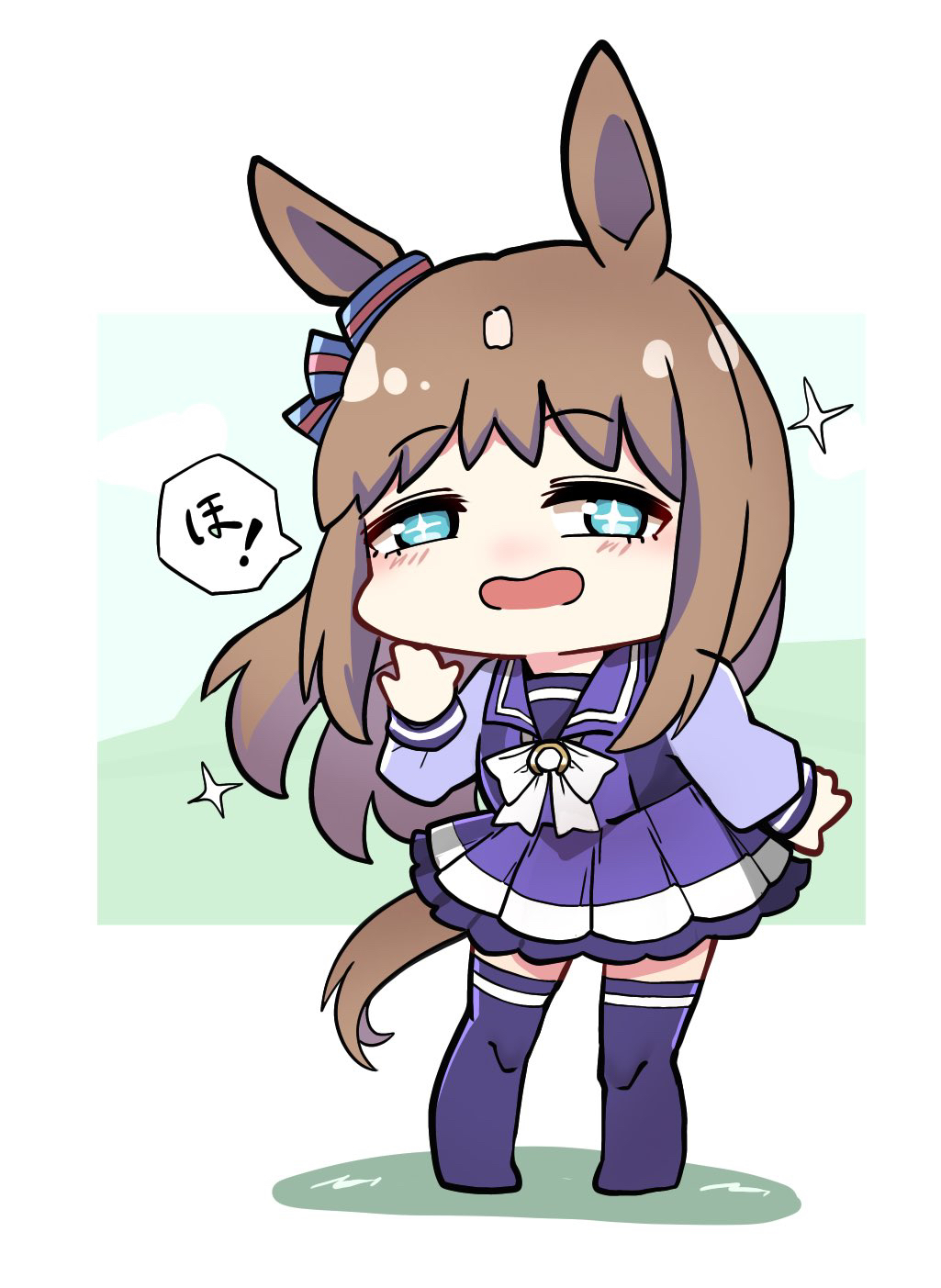 kawamochi (tddm3573), grass wonder (umamusume), umamusume, highres, translation request, + +, 1girl, animal ears, blue eyes, bow, brown hair, chibi, ear bow, full body, hand to own mouth, hand up, horse ears, horse girl, horse tail, long hair, long sleeves, looking at viewer, no shoes, open mouth, pleated skirt, puffy long sleeves, puffy sleeves, purple shirt, purple skirt, purple thighhighs, school uniform, shirt, skirt, solo, standing, striped bow, tail, thighhighs, tracen school uniform, very long hair, wavy mouth, white bow