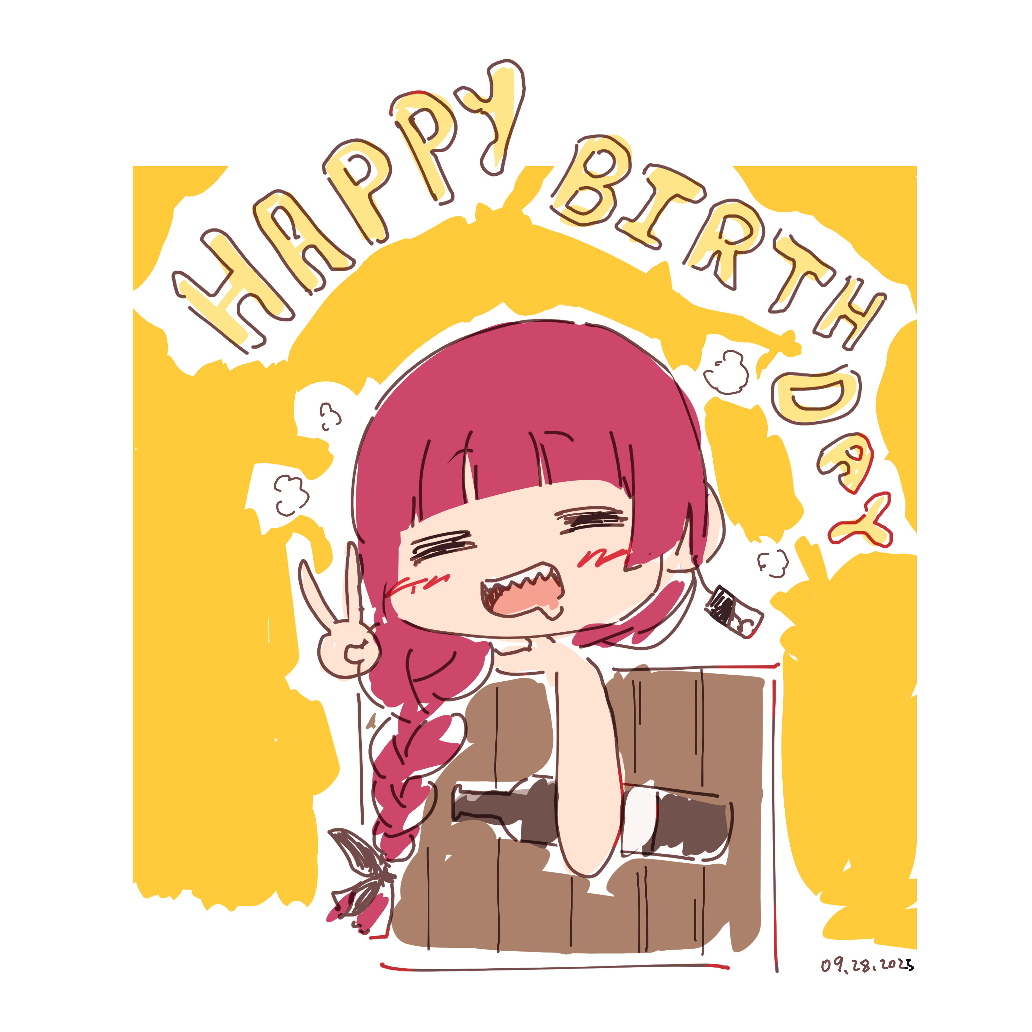 rnna, hiroi kikuri, bocchi the rock!, absurdres, commentary, highres, 1girl, = =, bottle, braid, closed eyes, happy birthday, holding, holding bottle, long hair, open mouth, purple hair, sharp teeth, single braid, sketch, solo, teeth, v