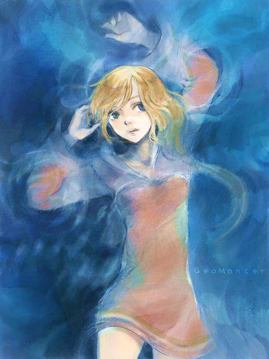kno, kno (anahita), geomancer (fft), final fantasy, final fantasy tactics, bad id, bad pixiv id, 1girl, afloat, blonde hair, element bender, female focus, floating, heterochromia, long hair, lying, solo, water