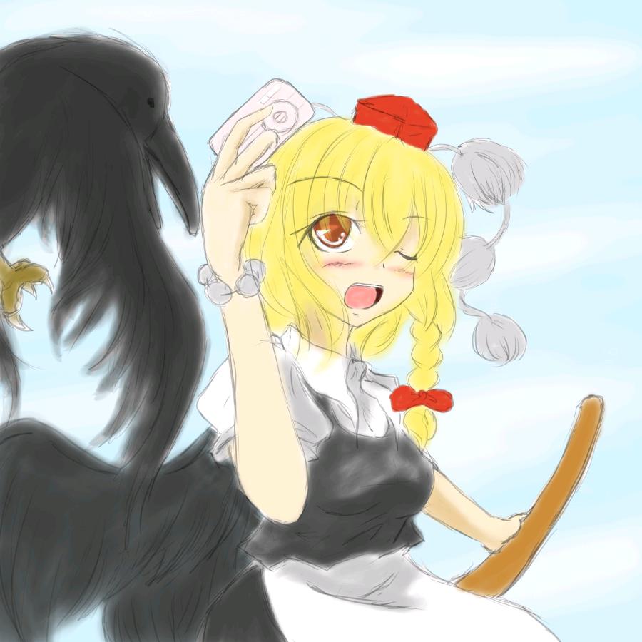 kirisame marisa, shameimaru aya, touhou, 1girl, blonde hair, blush, braid, camera, female focus, hat, if they mated, looking up, open mouth, solo