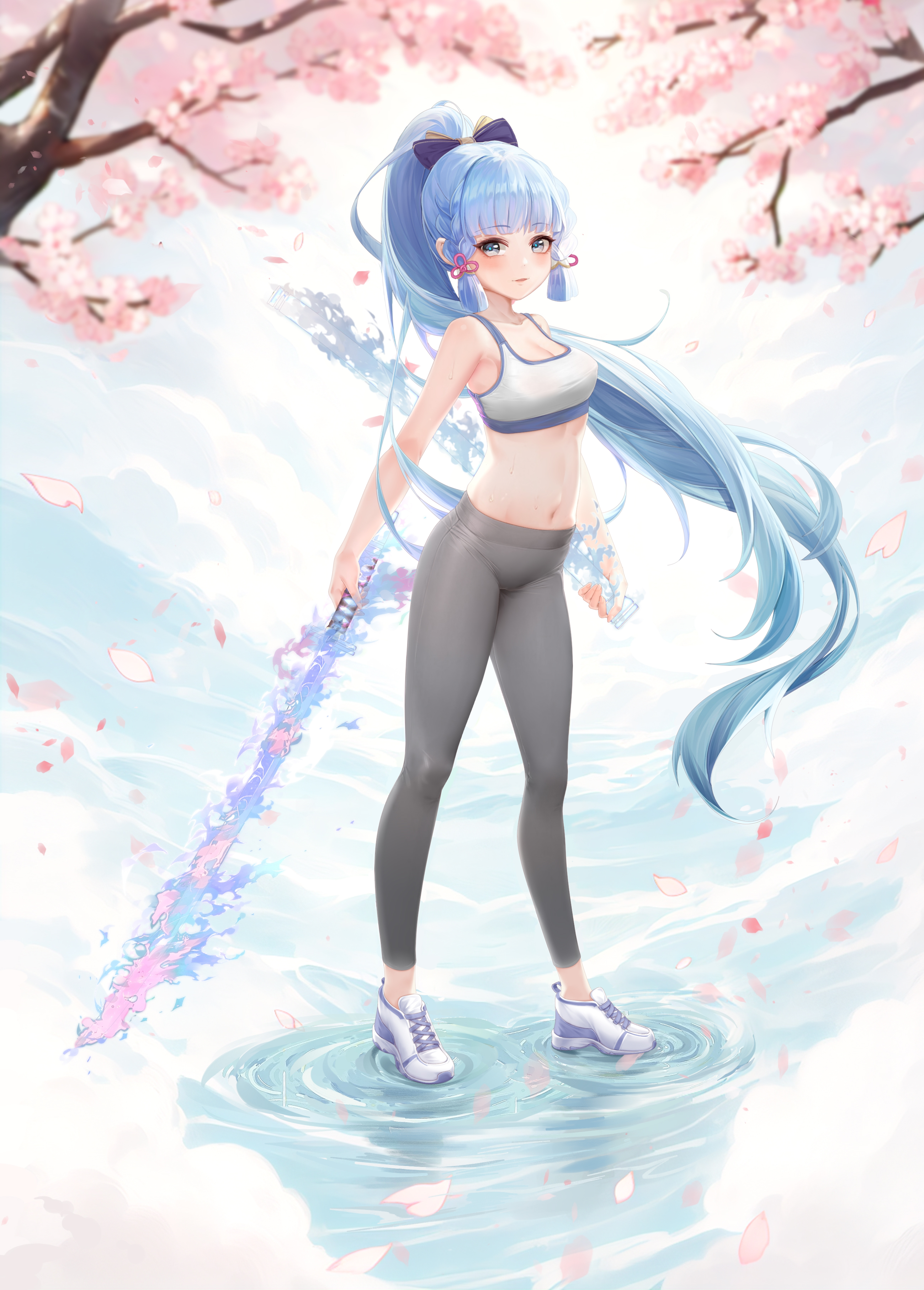pou bao, ayaka (genshin impact), genshin impact, absurdres, chinese commentary, commentary request, highres, 1girl, alternate costume, blue eyes, blue hair, blunt tresses, blush, breasts, cherry blossoms, cleavage, collarbone, dual wielding, falling petals, full body, grey pants, high ponytail, holding, holding sword, holding weapon, long hair, looking at viewer, medium breasts, navel, on water, outdoors, pants, parted lips, petals, ponytail, shoes, sidelocks, solo, sports bra, standing, standing on liquid, stomach, sweat, sword, very long hair, weapon, white shoes, white sports bra