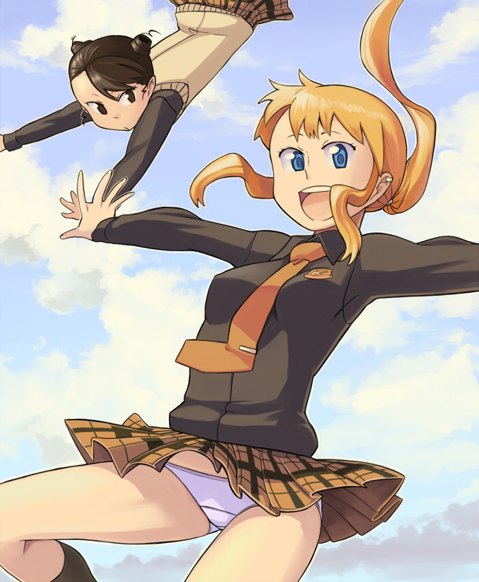 bowieknife, kageyama torako, saotome suzume, hyakko, orange neckwear, 00s, 2girls, black shirt, blue eyes, breasts, cloud, collared shirt, double bun, hair bun, long hair, looking at another, looking at viewer, miniskirt, multiple girls, orange hair, outdoors, panties, pantyshot, plaid clothes, plaid skirt, pleated skirt, ponytail, school uniform, serafuku, shirt, short hair, sidelocks, skirt, sky, small breasts, smile, socks, sweater vest, underwear, wind, wind lift