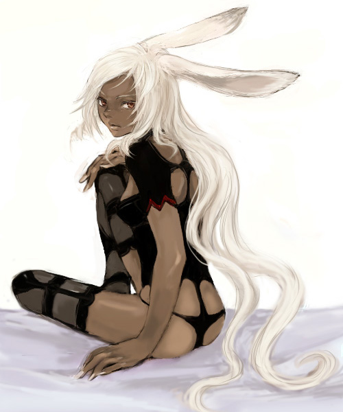 kno, kno (anahita), fran (ff12), final fantasy, final fantasy xii, bad id, bad pixiv id, 00s, 1girl, animal ears, dark-skinned female, dark skin, female focus, long hair, looking back, rabbit ears, red eyes, sitting, solo, thighhighs, viera, white hair
