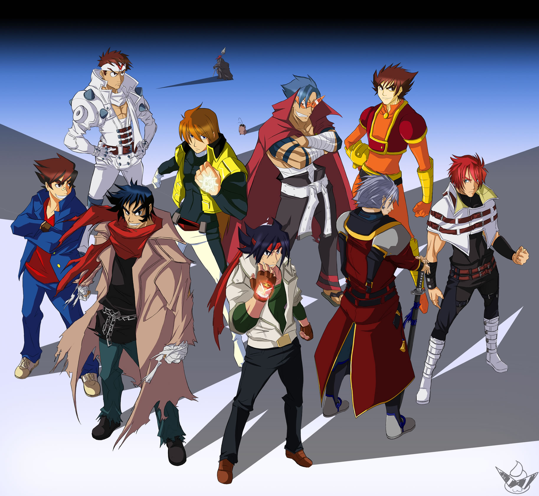 chuunioniika, boota (ttgl), domon kasshu, folka albark, junpei todoroki, kabuto kouji, kamina (ttgl), nagare ryoma, sanger zonvolt, saotome jin, shishiou gai, simon (ttgl), 4chan, banpresto, capcom, choukou senki kikaioh, choukou senki kikaiou, cyberbots, g gundam, getter robo, gundam, mazinger (series), mazinger z, super robot wars, tengen toppa gurren lagann, yuusha ou gaogaigar, yuusha series, highres, 00s, 1990s (style), 6+boys, bandages, belt, boots, cape, chain, clothes writing, coat, crossover, drill, epic, gloves, hands on own hips, jacket, kamina shades, katana, kings of /m/, male focus, manly, multiple boys, multiple crossover, muscular, old, old man, red scarf, retro artstyle, scarf, sideburns, spikes, sunglasses, sword, torn clothes, trench coat, triangular eyewear, vest, weapon
