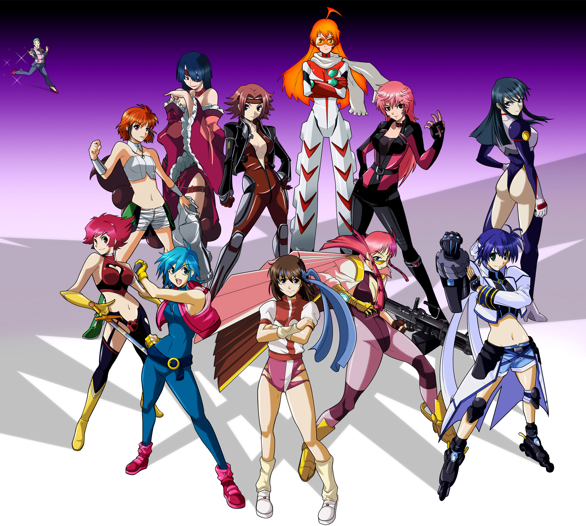 chuunioniika, adiane, allenby beardsley, buster machine 7, cutie honey (character), fujimura shizuru, hidaka aoi, ibis douglas, kisaragi honey, kouzuki kallen, leeron littner, mach caliber, nono (top wo nerae 2!), renais cardiff shishiou, revolver knuckle, subaru nakajima, takaya noriko, banpresto, code geass, cutie honey, dancouga (series), g gundam, gundam, juusou kikou dancouga nova, lyrical nanoha, mahou shoujo lyrical nanoha, mahou shoujo lyrical nanoha strikers, re: cutie honey, shinkon gattai godannar!!, sunrise (company), super robot wars, tengen toppa gurren lagann, top wo nerae!, top wo nerae! (series), top wo nerae 2!, yuusha ou gaogaigar, yuusha series, highres, 00s, 1990s (style), 1boy, 6+girls, ass, blue bodysuit, blue hair, bodysuit, breasts, brown hair, cleavage, cropped jacket, crossover, everyone, eyepatch, from above, gloves, inline skates, large breasts, leotard, magical girl, medium breasts, multiple crossover, multiple girls, orange hair, pantyhose, pink hair, retro artstyle, roller skates, scarf, skates