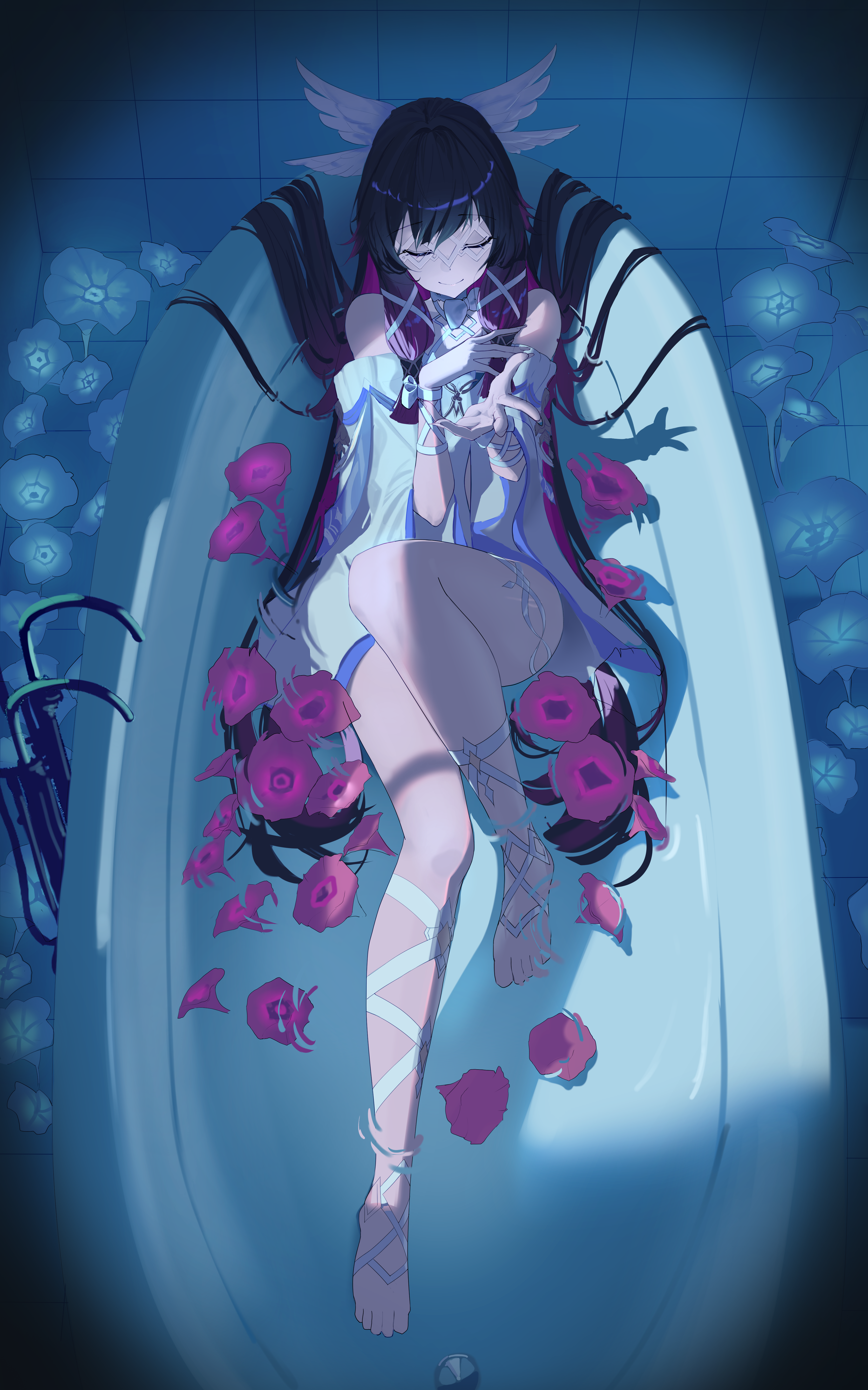 mooruck4, columbina (genshin impact), genshin impact, absurdres, highres, 1girl, bare shoulders, bathroom, bathtub, black hair, closed eyes, closed mouth, dress, flower, full body, indoors, long hair, multicolored hair, pink hair, smile, solo, two-tone hair, very long hair, water, white dress