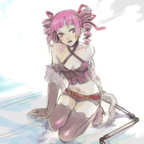 kno, kno (anahita), dark hunter, dark hunter (sekaiju), dark hunter 4, atlus, etrian odyssey, fur, bad id, bad pixiv id, 1girl, bare shoulders, belt, boots, breasts, bustier, cleavage, drill hair, elbow gloves, female focus, gloves, kneeling, lingerie, medium breasts, midriff, navel, pink eyes, pink hair, ribbon, shawl, short shorts, shorts, solo, thigh boots, thighhighs, underwear, whip