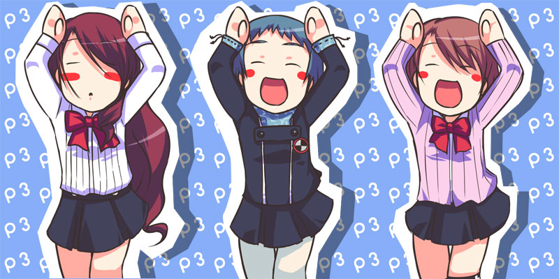 aikawa touma, darabuchi, kirijou mitsuru, takeba yukari, yamagishi fuuka, atlus, persona, persona 3, 3girls, blush stickers, caramelldansen, multiple girls, pantyhose, ribbon, school uniform, serafuku