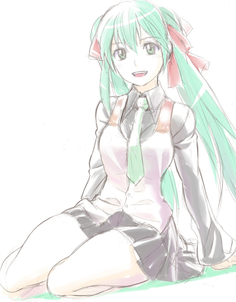 g-tetsu, hatsune miku, vocaloid, 1girl, female focus, green eyes, green hair, hair ribbon, long hair, matching hair/eyes, open mouth, pleated skirt, ribbon, sketch, skirt, smile, solo