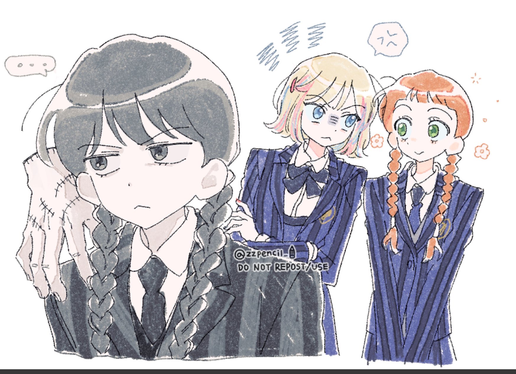zzpencil, agnes demille, enid sinclair, thing (addams family), wednesday addams, addams family, wednesday (netflix), highres, …, 3girls, anger vein, black bow, black bowtie, black hair, black jacket, black necktie, blonde hair, blue eyes, blue hair, blue jacket, blunt bangs, bow, bowtie, braid, collared shirt, crossed arms, disembodied hand, furrowed brow, green eyes, grey eyes, hair over shoulder, hand on another's shoulder, jacket, looking at another, multiple girls, necktie, nervous smile, orange hair, pink hair, school uniform, shaded face, shirt, short bangs, smile, spoken anger vein, spoken ellipsis, stitched hand, striped clothes, striped jacket, suit jacket, twin braids, twintails, white background, white shirt