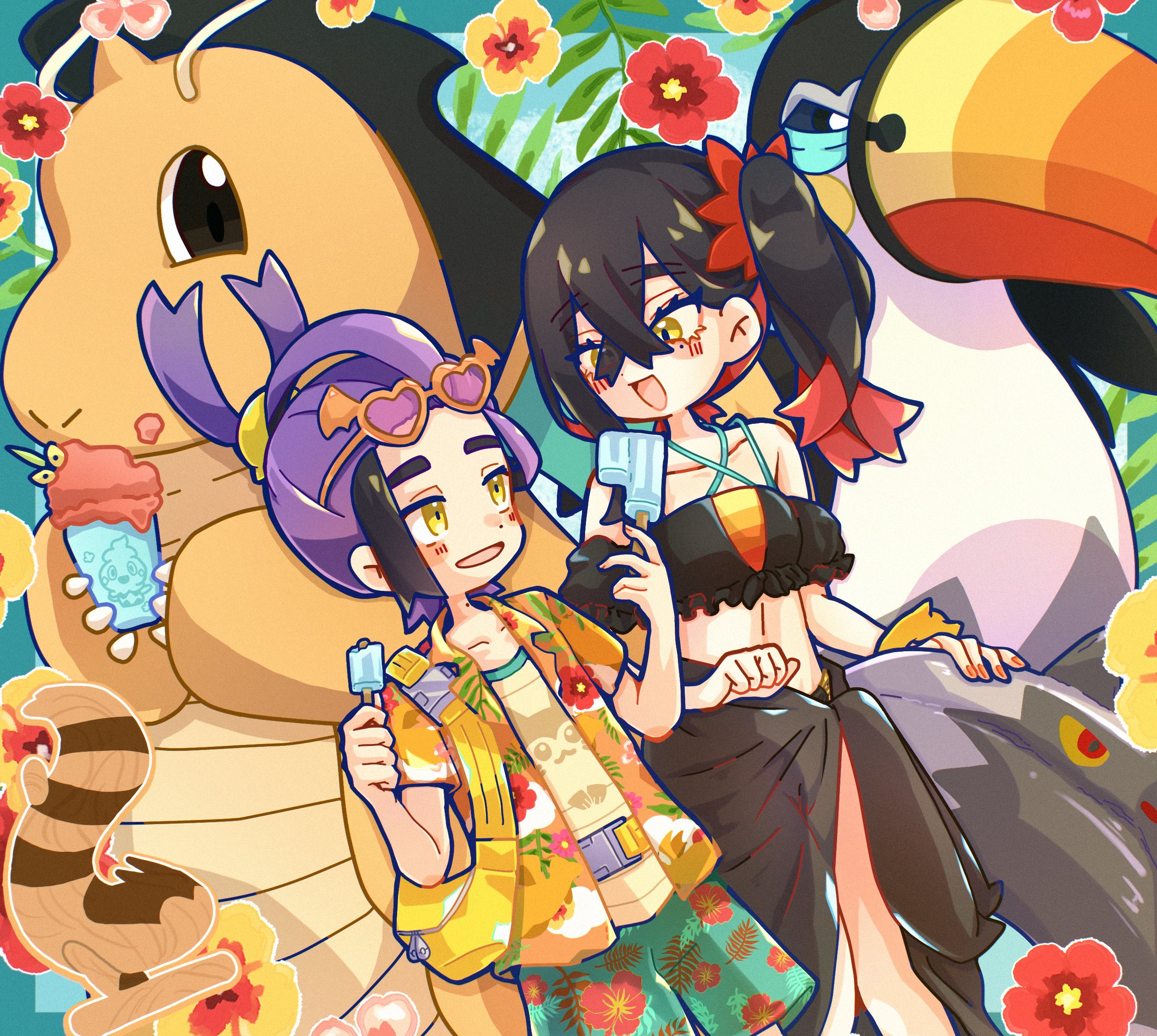 tacho baby, carmine (pokemon), dragonite, kieran (pokemon), toucannon, nintendo, pokemon, pokemon sv, commentary request, highres, 1boy, 1girl, alternate costume, bag, bikini, black bikini, black hair, brother and sister, crossed bangs, double popsicle, eyewear on head, floral print, flower, food, gen 1 pokemon, gen 7 pokemon, hair between eyes, hawaiian shirt, hibiscus, holding, holding food, holding popsicle, midriff, mole, mole on neck, mole under eye, open mouth, pink flower, pokemon (creature), popsicle, purple hair, red flower, sarong, shirt, siblings, side ponytail, swimsuit, yellow bag, yellow eyes, yellow flower
