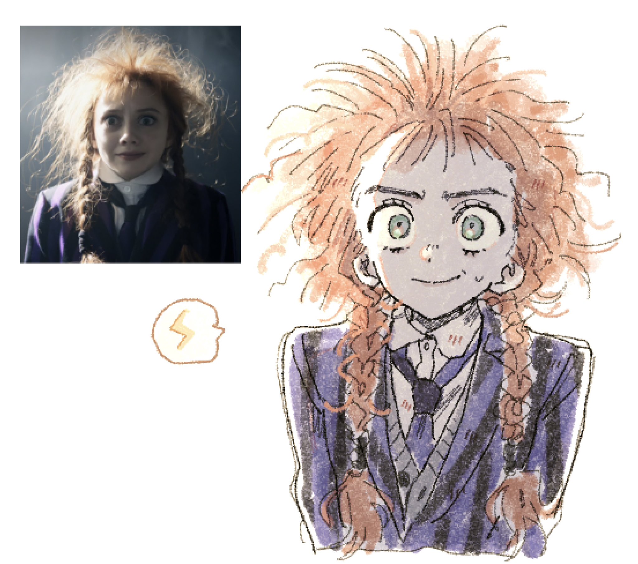 zzpencil, agnes demille, addams family, wednesday (netflix), highres, 1girl, blue jacket, blue necktie, braid, collared shirt, furrowed brow, green eyes, hair over shoulder, jacket, long hair, messy hair, necktie, nervous smile, orange hair, reference inset, school uniform, shirt, smile, solo, spoken lightning bolt, striped clothes, striped jacket, sweat, twin braids, upper body, white background, white shirt, wide-eyed