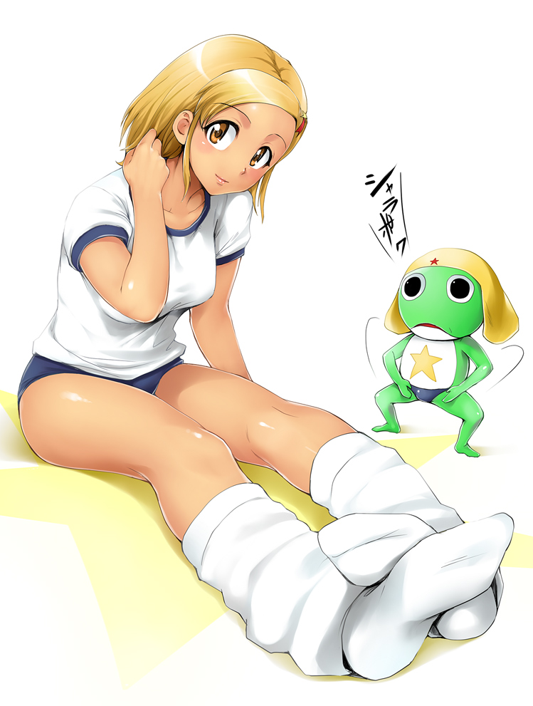 shinozuka jouji, angol mois, keroro, keroro gunsou, 1girl, buruma, dark-skinned female, dark skin, feet, feet together, female focus, foreshortening, gyaru, gym uniform, kogal, loose socks, no shoes, shiny skin, simple background, socks, soles, solo