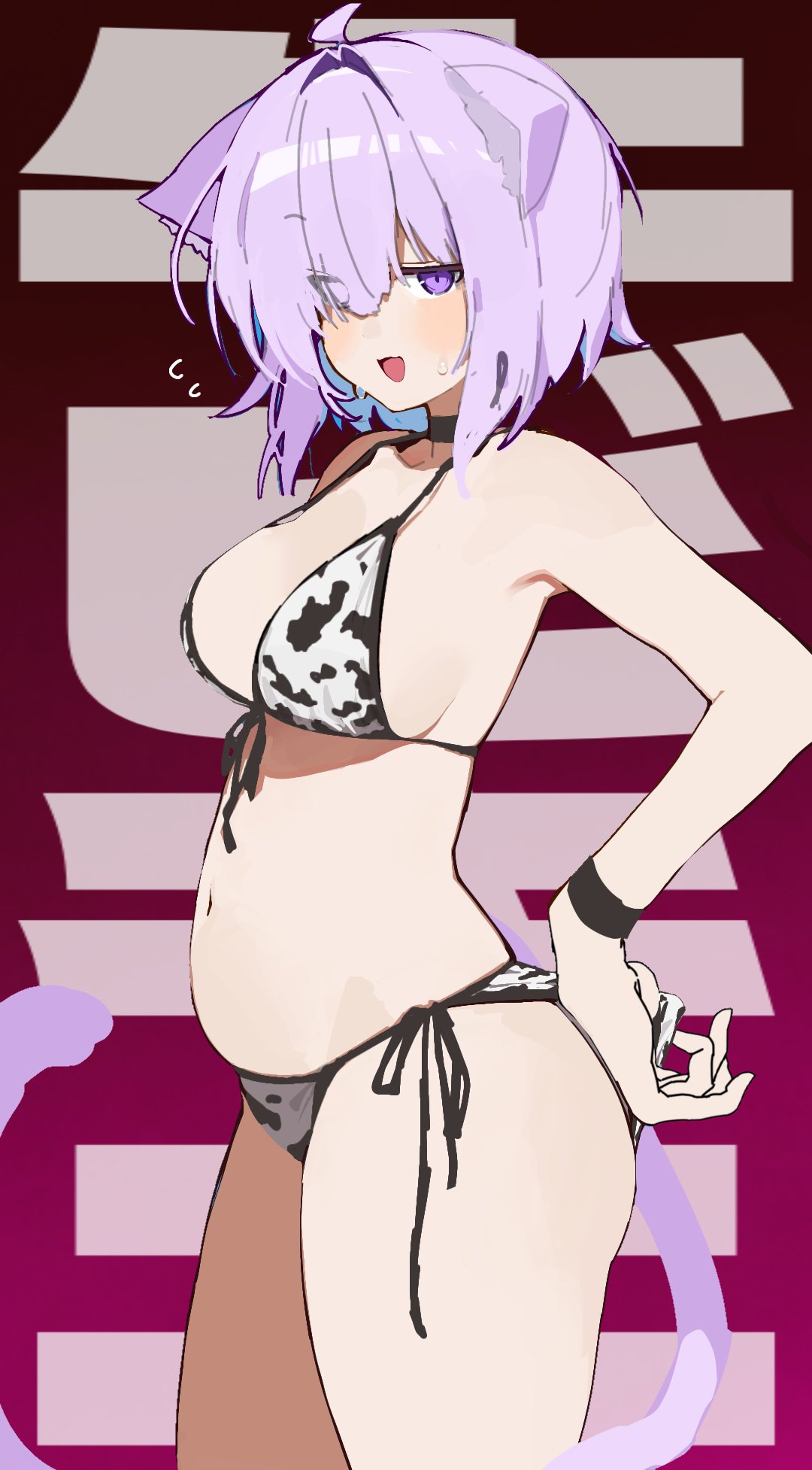yu yamai, nekomata okayu, hololive, commentary request, highres, 1girl, animal ears, animal print, bikini, bikini tug, black choker, blue hair, breasts, cat ears, cat girl, cat tail, choker, colored inner hair, cow print, cow print bikini, flying sweatdrops, hair between eyes, large breasts, large hands, looking at viewer, multicolored hair, open mouth, plump, print bikini, purple eyes, purple hair, short hair, side-tie bikini bottom, simple background, solo, sweat, swimsuit, tail, text background, virtual youtuber