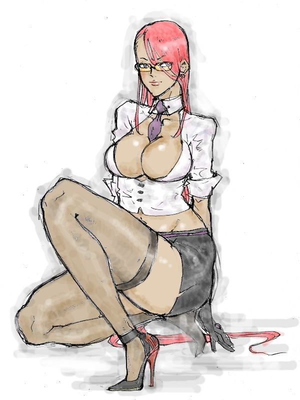 kyuraa (kyura9een), crimson viper, capcom, street fighter, street fighter iv (series), 1girl, breasts, cleavage, female focus, glasses, hair down, high heels, large breasts, miniskirt, necktie, open clothes, open shirt, pencil skirt, shirt, shoes, skirt, solo, squatting, teacher, thighhighs