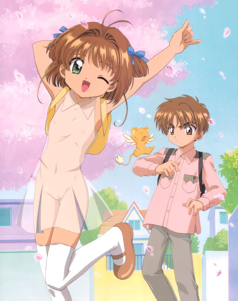 kero (cardcaptor sakura), kinomoto sakura, li syaoran, cardcaptor sakura, duplicate, jpeg artifacts, nude filter, third-party edit, 1990s (style), 1boy, 1girl, angry, backpack, bag, blush, braid, cherry blossoms, flat chest, happy, loli, looking at viewer, mary janes, nude, outdoors, pussy, randoseru, retro artstyle, see-through clothes, shoes, shota, sky, small areolae, small nipples, smile, thighhighs, tree