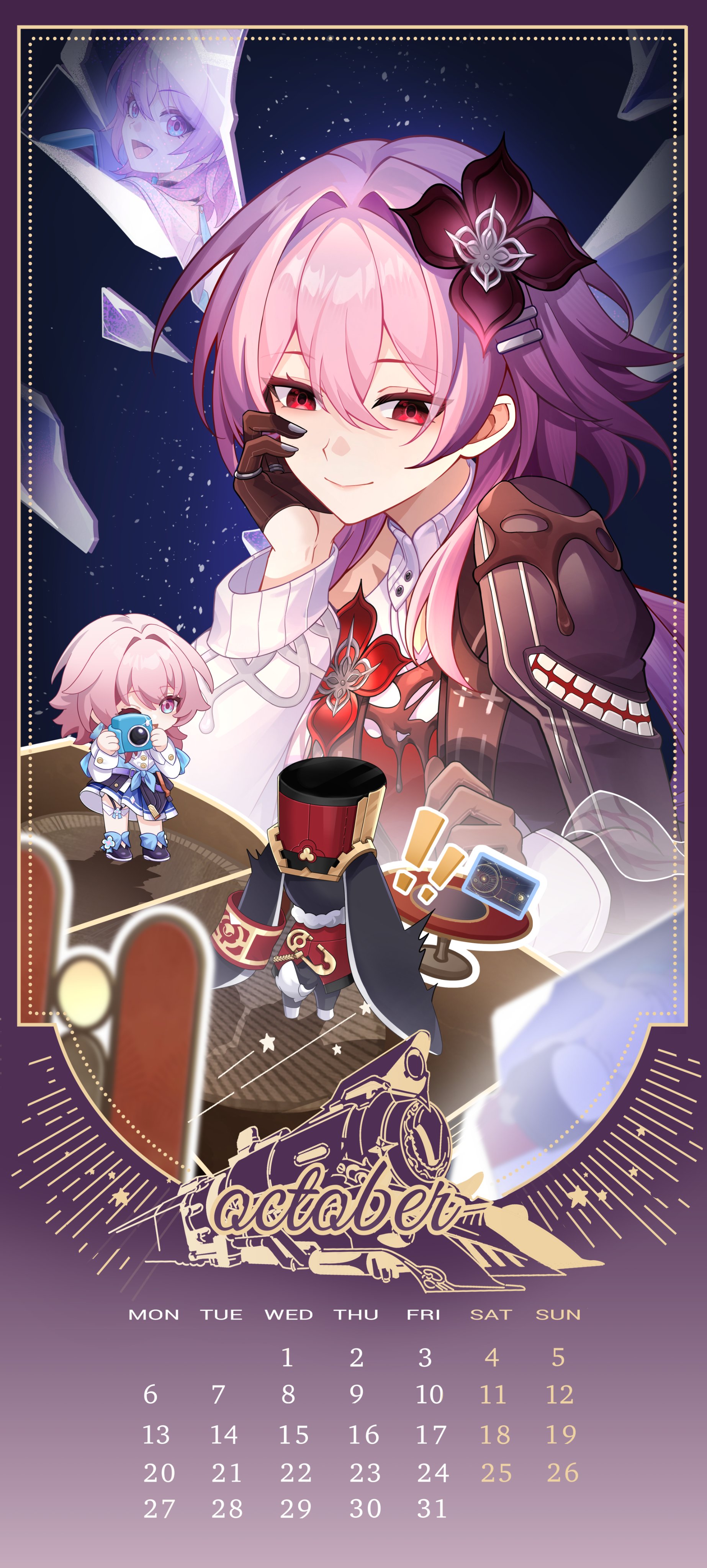 evernight (honkai: star rail), march 7th (honkai: star rail), march 7th (preservation) (honkai: star rail), pom-pom (honkai: star rail), honkai: star rail, honkai (series), absurdres, commentary request, highres, second-party source, 1other, 2girls, black boots, black gloves, black overskirt, blue boots, blue eyes, blue skirt, boots, calendar (medium), camera, chibi, dual persona, flower, gloves, hair flower, hair ornament, hairpin, hand on own cheek, hand on own face, holding, holding camera, jacket, long sleeves, miniskirt, multicolored boots, multicolored eyes, multiple girls, october, official art inset, pink eyes, pink hair, pleated skirt, red eyes, shirt, single bare shoulder, skirt, smile, thigh strap, tied jacket, two-tone boots, two-tone eyes, underbust, white shirt
