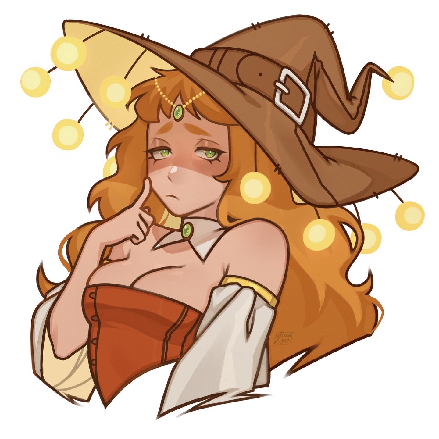 original, commentary, english commentary, highres, 1girl, bare shoulders, breasts, cleavage, curly hair, detached collar, detached sleeves, frown, gluca, green eyes, hat, medium breasts, orange hair, solo, thick eyebrows, upper body, witch hat