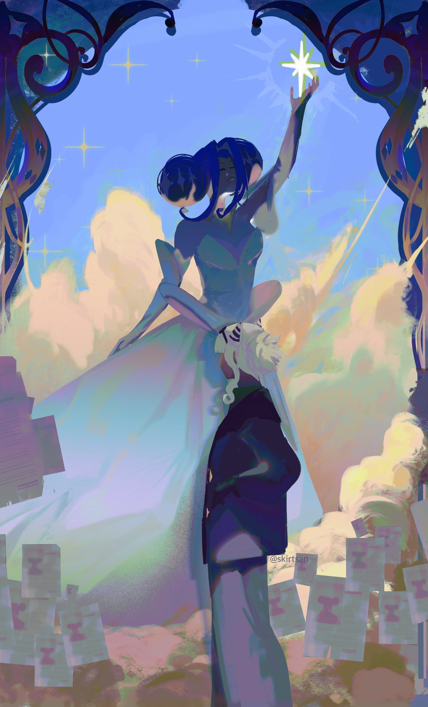 skirtsan, princess guinevere, knights of guinevere, highres, 2girls, blue hair, cloud, cloudy sky, coat, cone hair bun, double bun, dress, hair bun, looking at another, multiple girls, olivia park, outdoors, purple coat, sky, white dress, white hair