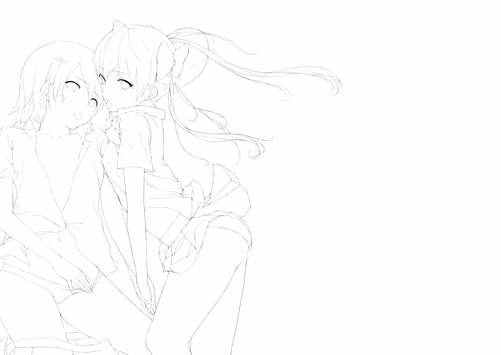 cior, vanilla (artist), misaka mikoto, shirai kuroko, toaru kagaku no railgun, toaru majutsu no index, highres, 2girls, greyscale, hair ornament, hairclip, holding hands, long hair, monochrome, multiple girls, panties, short hair, skirt, tongue, twintails, underwear, yuri