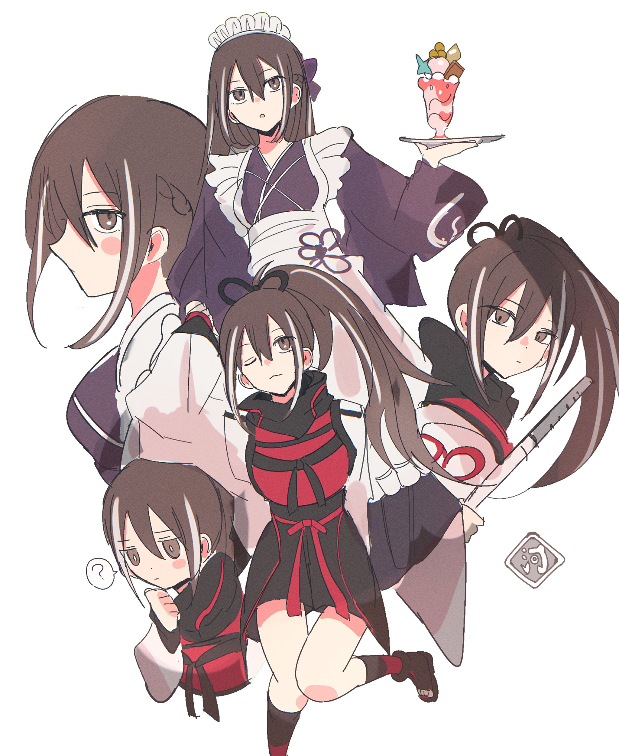 kawakami gensai (fate), fate/grand order, fate (series), absurdres, commentary, highres, 1girl, apron, black eyes, black hair, black scarf, blush, breasts, dessert, food, japanese clothes, long hair, looking at viewer, maid, maid apron, maid headdress, medium breasts, multicolored hair, multiple views, one eye closed, ponytail, scarf, siokuran, solo, sword, weapon, white hair