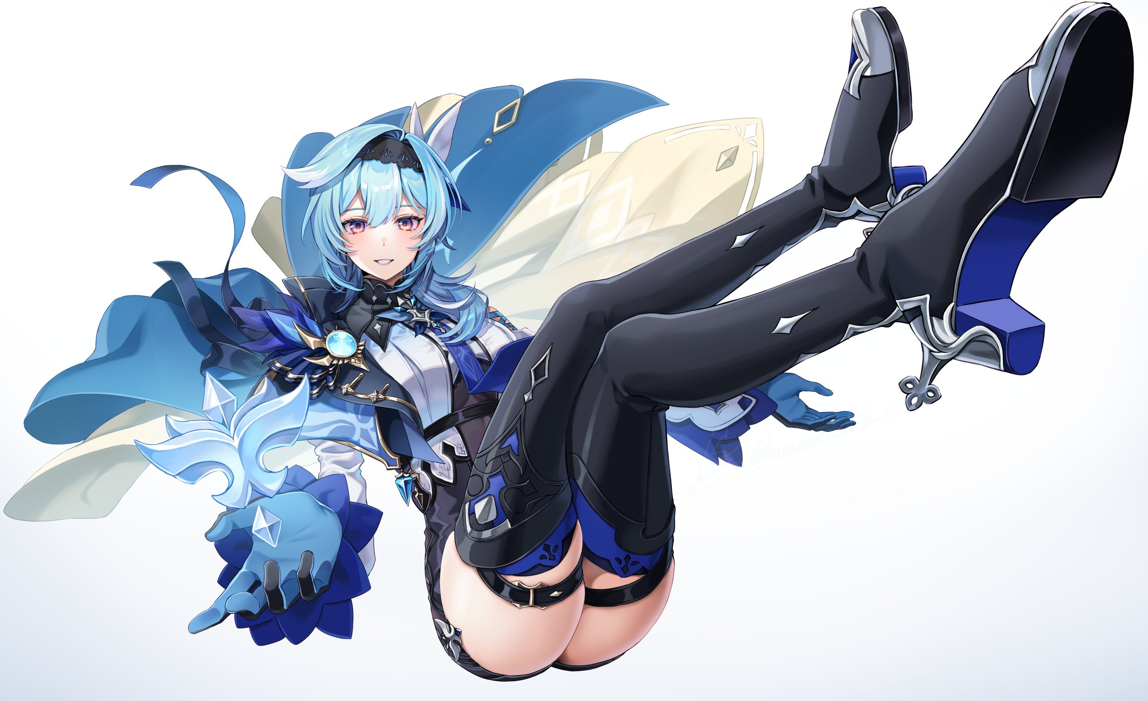 shibuki kamone, eula (genshin impact), genshin impact, highres, 1girl, black boots, black hairband, blue gloves, blue hair, blue necktie, blue thighhighs, boots, breasts, cape, full body, gloves, hairband, high heels, long hair, long sleeves, looking at viewer, medium hair, necktie, simple background, smile, solo, thigh boots, thigh strap, thighhighs, thighhighs under boots, white background, yellow eyes