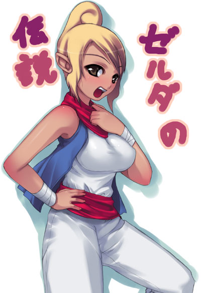 darabuchi, tetra, nintendo, the legend of zelda, the legend of zelda: the wind waker, translated, 1girl, blonde hair, blush, breasts, brown eyes, female focus, happy, open mouth, pirate, pointy ears, simple background, solo, standing, tan, teeth, tomboy, white background