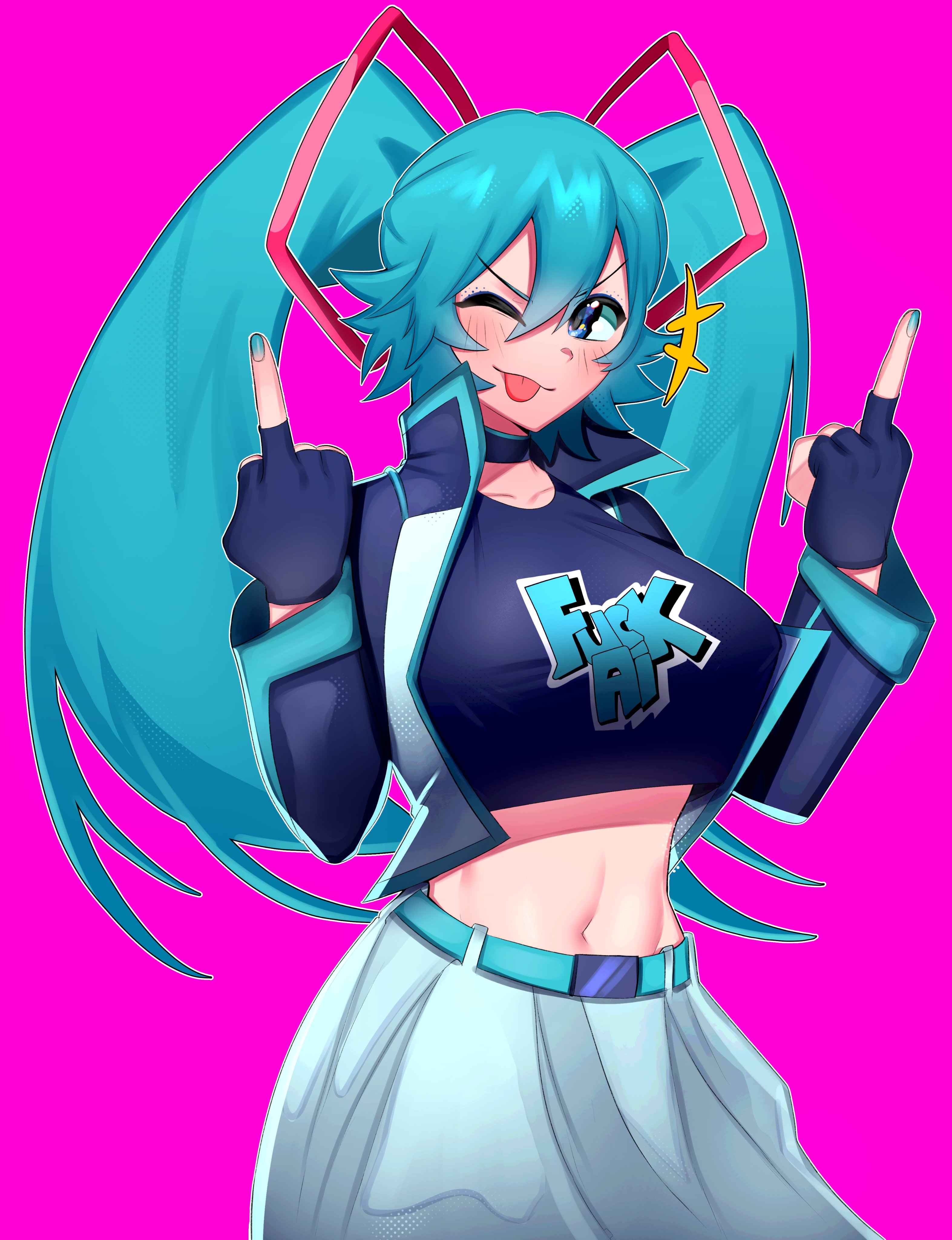 chomperwhy, hatsune miku, vocaloid, 1girl, ;p, alternate costume, aqua eyes, aqua hair, belt, blush, breasts, fingerless gloves, gloves, large breasts, middle finger, nails, navel, one eye closed, pink background, skirt, smile, tongue, tongue out, twintails