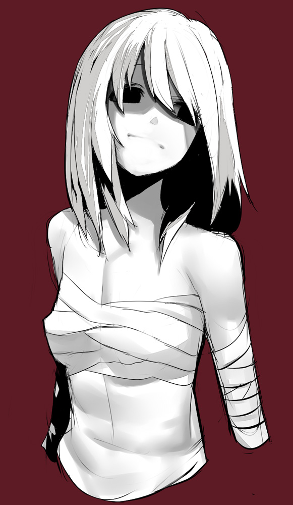hama (22ji kara 24ji), original, 1girl, bandages, female focus, monochrome, red background, sarashi, sketch, solo, upper body