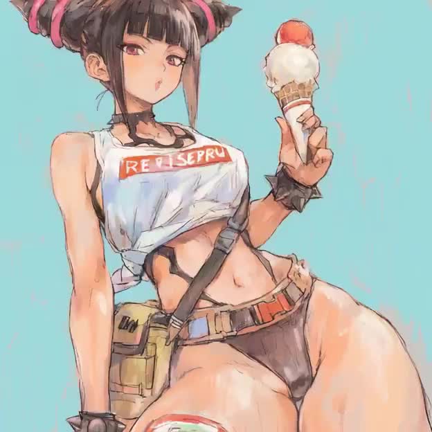 cl10000x, han juri, street fighter, animated, tagme, video, 1girl, english text, food, ice cream, ice cream cone, shirt tied around waist, tank top