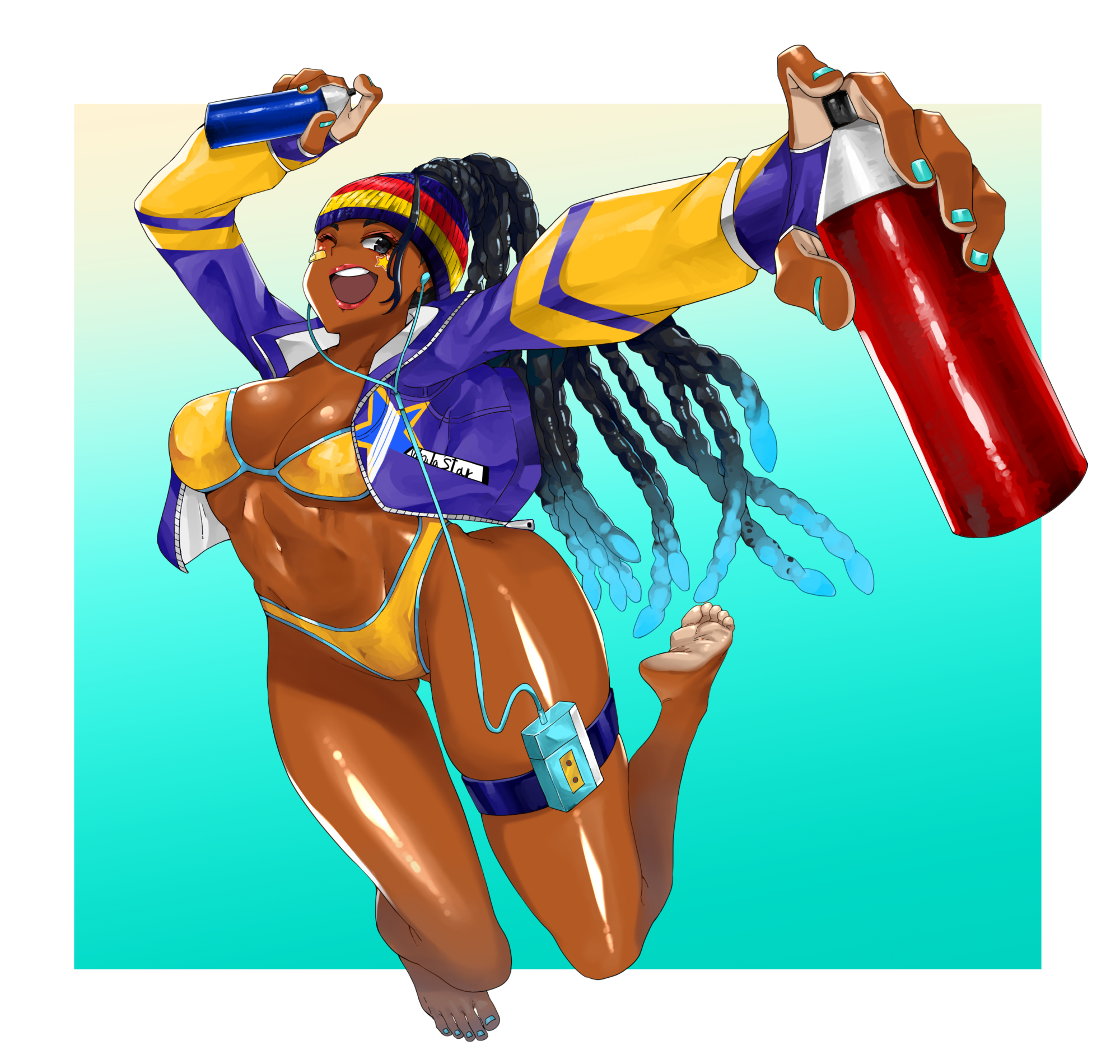 eiji (eiji), kimberly jackson, street fighter, street fighter 6, highres, 1girl, :o, aiming, aiming at viewer, alternate costume, aqua hair, arms up, barefoot, bikini, black hair, braid, breasts, cleavage, curvy, dark-skinned female, dark skin, dreadlocks, gloves, happy, highleg, highleg bikini, jacket, jumping, lips, long hair, looking at viewer, multicolored hair, official alternate costume, one eye closed, open clothes, open jacket, open mouth, shiny skin, smile, solo, swimsuit, tan, tanline, thong, thong bikini, toes, wide hips, wink, yellow bikini