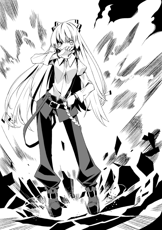 ushiki yoshitaka, fujiwara no mokou, advent cirno, touhou, 1girl, belt, boots, female focus, greyscale, hair ribbon, long hair, monochrome, pants, ribbon, shirt, solo, suspenders