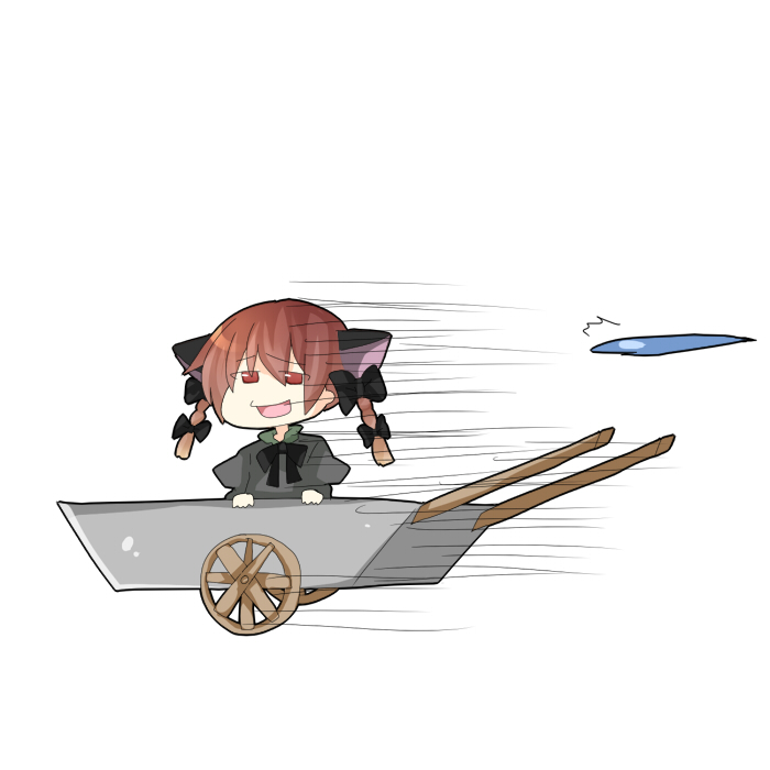 yuhiko, kaenbyou rin, touhou, 1girl, animal ears, braid, cat ears, cat girl, female focus, red eyes, red hair, sitting, solo, twin braids, wheelbarrow, white background