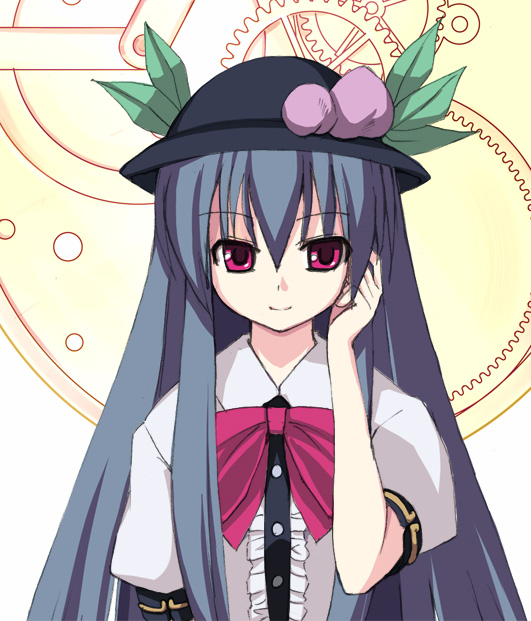 seo tatsuya, hinanawi tenshi, touhou, 1girl, blue hair, female focus, food, fruit, hat, leaf, long hair, peach, red eyes, solo