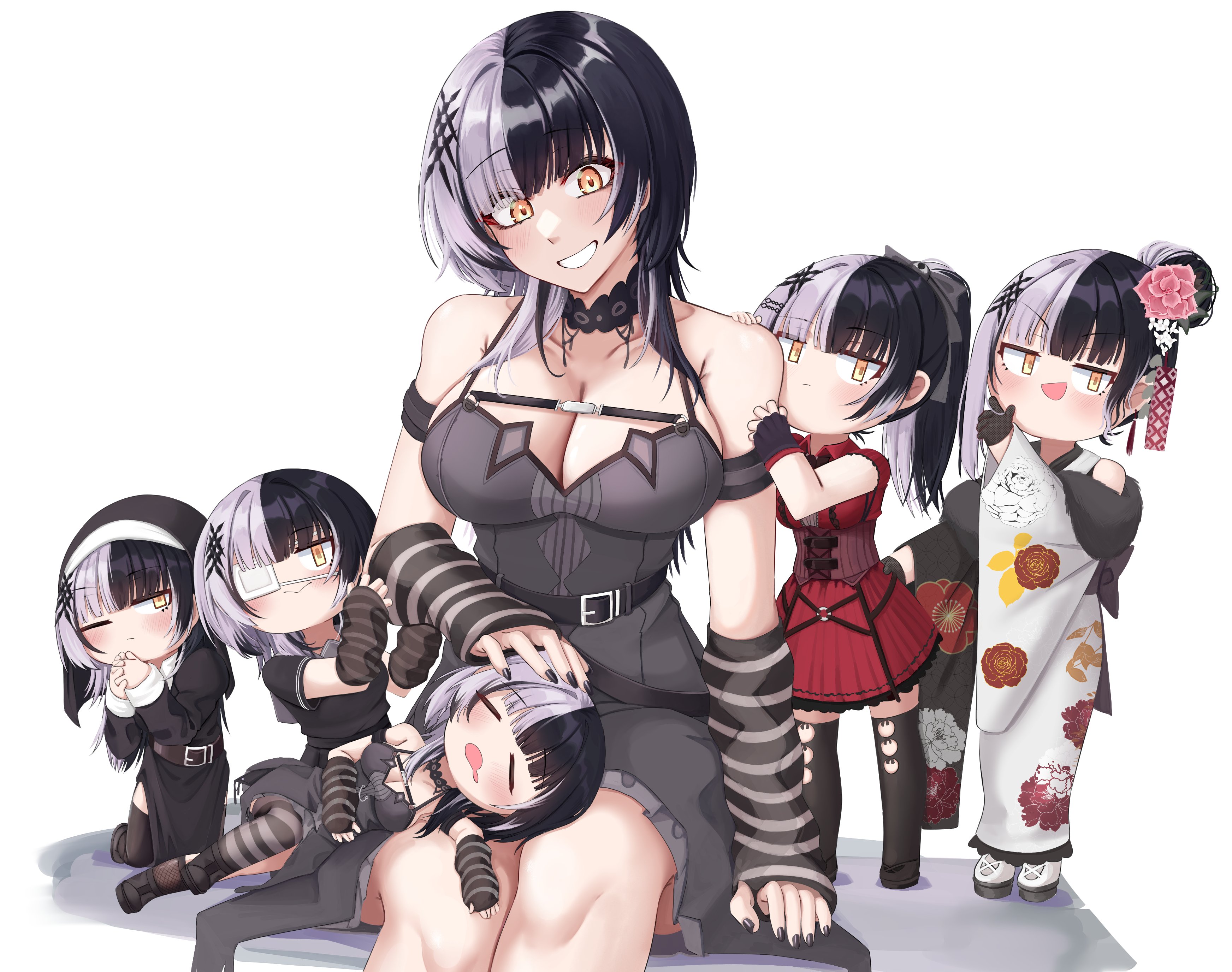 mmneko, shiori novella, shiori novella (1st costume), shiori novella (casual), shiori novella (new year), hololive, hololive english, absurdres, highres, 1girl, alternate costume, arm strap, black arm warmers, black choker, black corset, black dress, black hair, black kimono, black nails, black shawl, black veil, blush, breasts, calligraphy brush, capelet, chest belt, choker, cleavage, closed mouth, coif, corset, dress, eyepatch, feather print, floral print, floral print kimono, flower, gloves, grey hair, grey kimono, hair between eyes, hair bun, hair flower, hair ornament, holding, holding calligraphy brush, holding paintbrush, inkstone, japanese clothes, jewelry, kanzashi, kimono, lace, lace-trimmed choker, lace-trimmed gloves, lace-trimmed kimono, lace-trimmed shawl, lace choker, lace gloves, lace trim, large breasts, long hair, long sleeves, looking at viewer, medical eyepatch, multicolored hair, multiple girls, nun, official alternate costume, open mouth, paintbrush, plaid camisole, print kimono, red dress, ribbon, shawl, simple background, sleeveless, sleeveless kimono, smile, solo, split-color clothes, split-color hair, striped arm warmers, striped clothes, striped gloves, thighhighs, traditional nun, tsumami kanzashi, two-tone hair, two-tone kimono, veil, virtual youtuber, white background, yellow eyes
