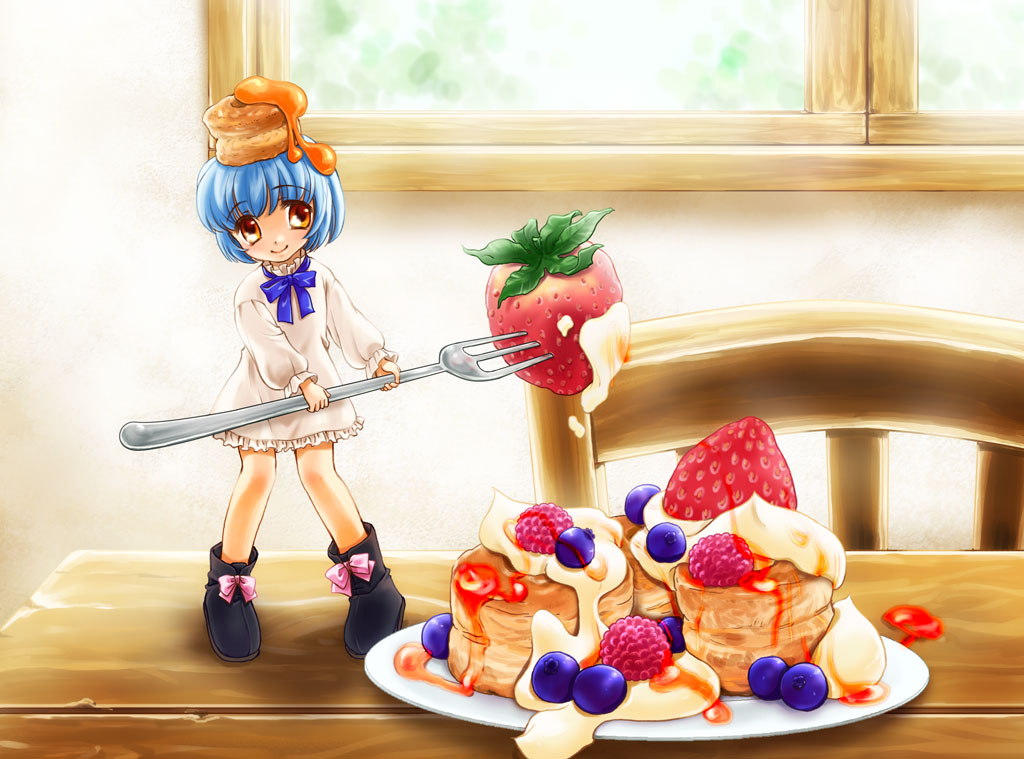 yukiha, bisuke-tan, kfc, 1girl, biscuit (bread), blue hair, blueberry, cream, female focus, food, food-themed hair ornament, food as clothes, fork, fruit, hair ornament, in food, mini person, minigirl, orange eyes, oversized object, raspberry, short hair, solo, strawberry, syrup