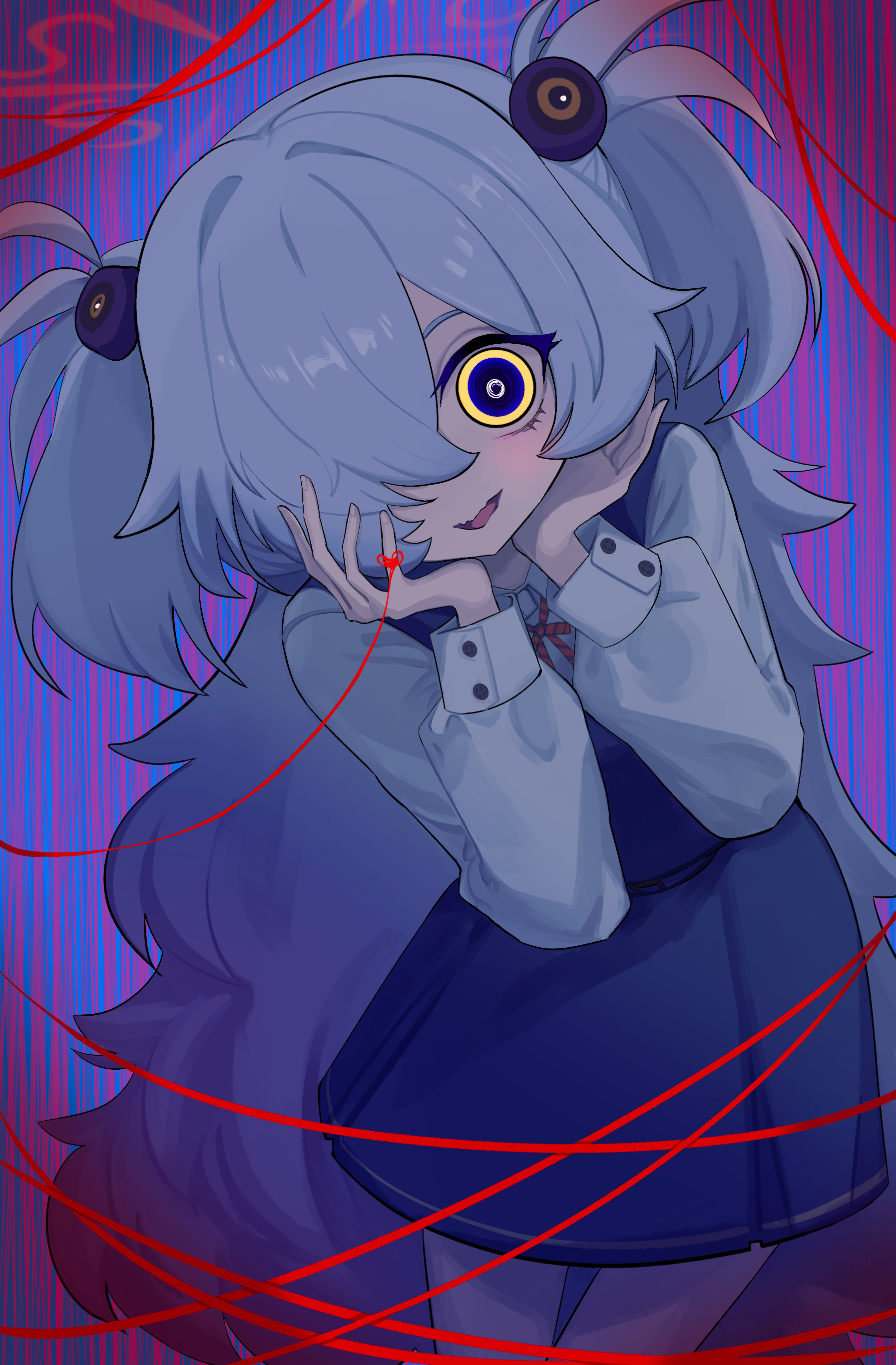 bonefire0909, kanoe (blue archive), blue archive, absurdres, highres, @ @, bags under eyes, belt, black dress, black vest, blue background, blue eyes, brown ribbon, buttons, collared shirt, diagonal-striped ribbon, dress, fang, glowing, glowing eyes, grey hair, hair bobbles, hair flaps, hair ornament, hair over one eye, hands on own face, leaning forward, long hair, long sleeves, multicolored eyes, open mouth, pale skin, pinafore dress, pointy hair, puffy sleeves, ribbon, shirt, skin fang, sleeveless, sleeveless dress, string, string of fate, thighs, tongue, twintails, two-tone eyes, very long hair, vest, wavy mouth, white sleeves, wide-eyed, yandere, yellow eyes