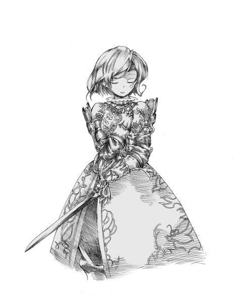 yanagihara tantoui, frimelda lotice, final fantasy, final fantasy tactics a2, final fantasy tactics advance, 1girl, armor, boots, closed eyes, female focus, gauntlets, greyscale, monochrome, pants, short hair, smile, solo, sword, weapon