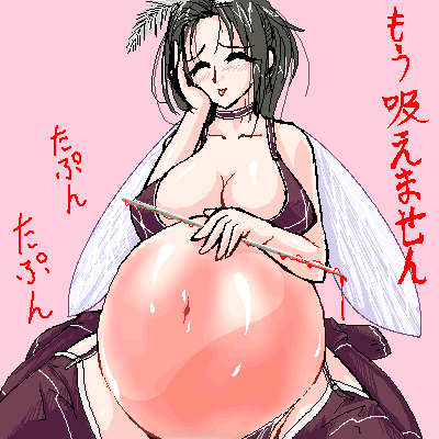 lowres, translation request, belly, black hair, blood, blush, breasts, brown hair, cleavage, huge breasts, inflation, mosquito, navel, plump, short hair, smile, thighhighs, wings