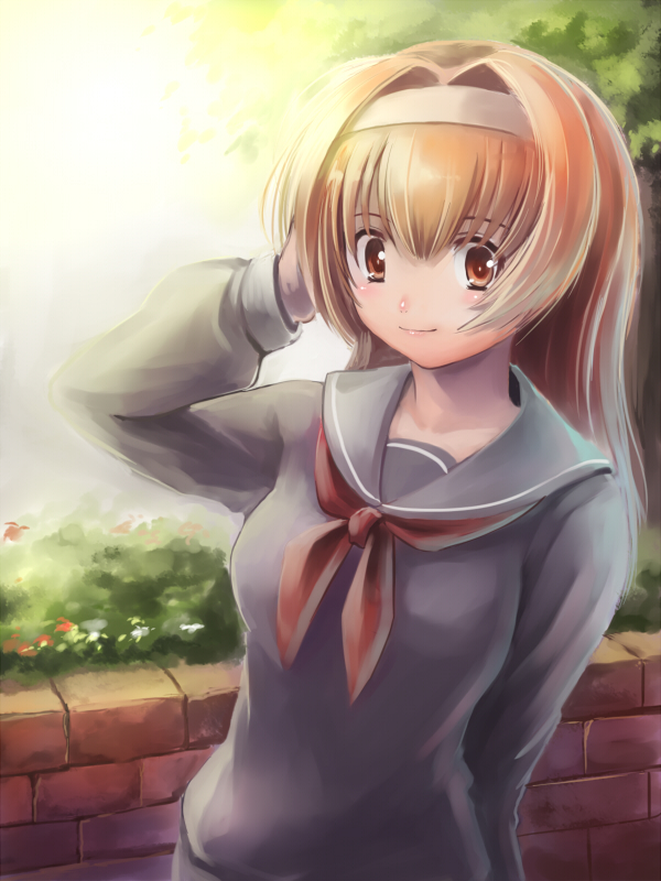 edobox, original, 1girl, arm behind head, black serafuku, blush, brick, bush, eyelashes, female focus, grass, hairband, long sleeves, matching hair/eyes, neckerchief, orange eyes, orange hair, outdoors, plant, sailor collar, school uniform, serafuku, smile, solo, sunlight, upper body