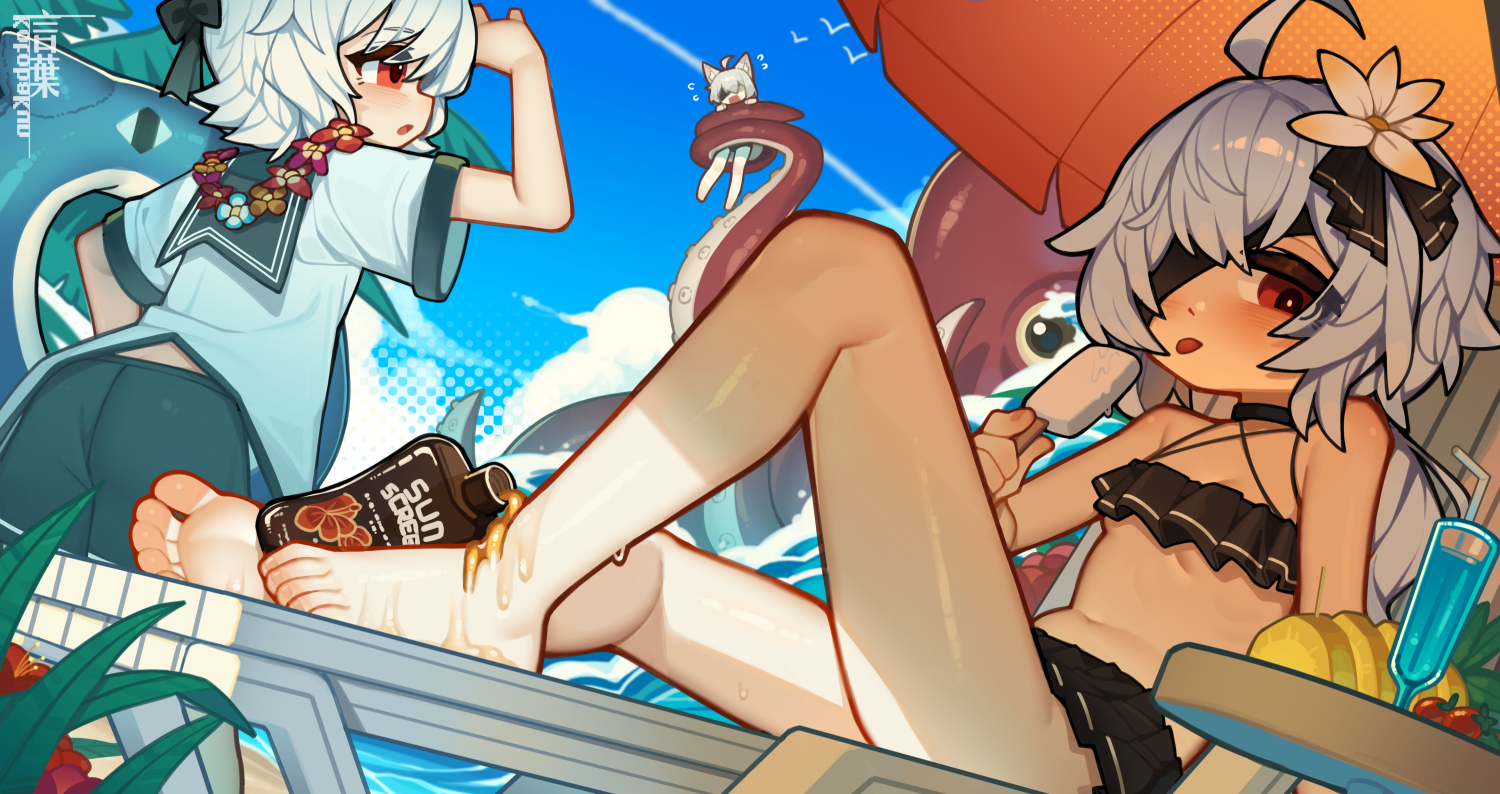kotoba (1074421015), original, commentary, english commentary, 1boy, 2girls, barefoot, bikini, black bikini, black sailor collar, black shorts, breasts, day, feet, flower, food, hair flower, hair ornament, holding, holding food, holding popsicle, knee up, lotion, multiple girls, octopus, open mouth, outdoors, popsicle, red eyes, ruffle bikini, sailor collar, shirt, short hair, short shorts, shorts, sitting, sky, small breasts, sunscreen, swimsuit, toes, tongue, tongue out, white hair, white shirt