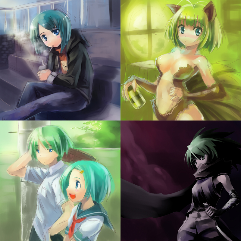edobox, original, 1boy, 4girls, animal ears, antenna hair, can, cat ears, cigarette, collage, green hair, multiple girls, school uniform, serafuku, short hair, smoking