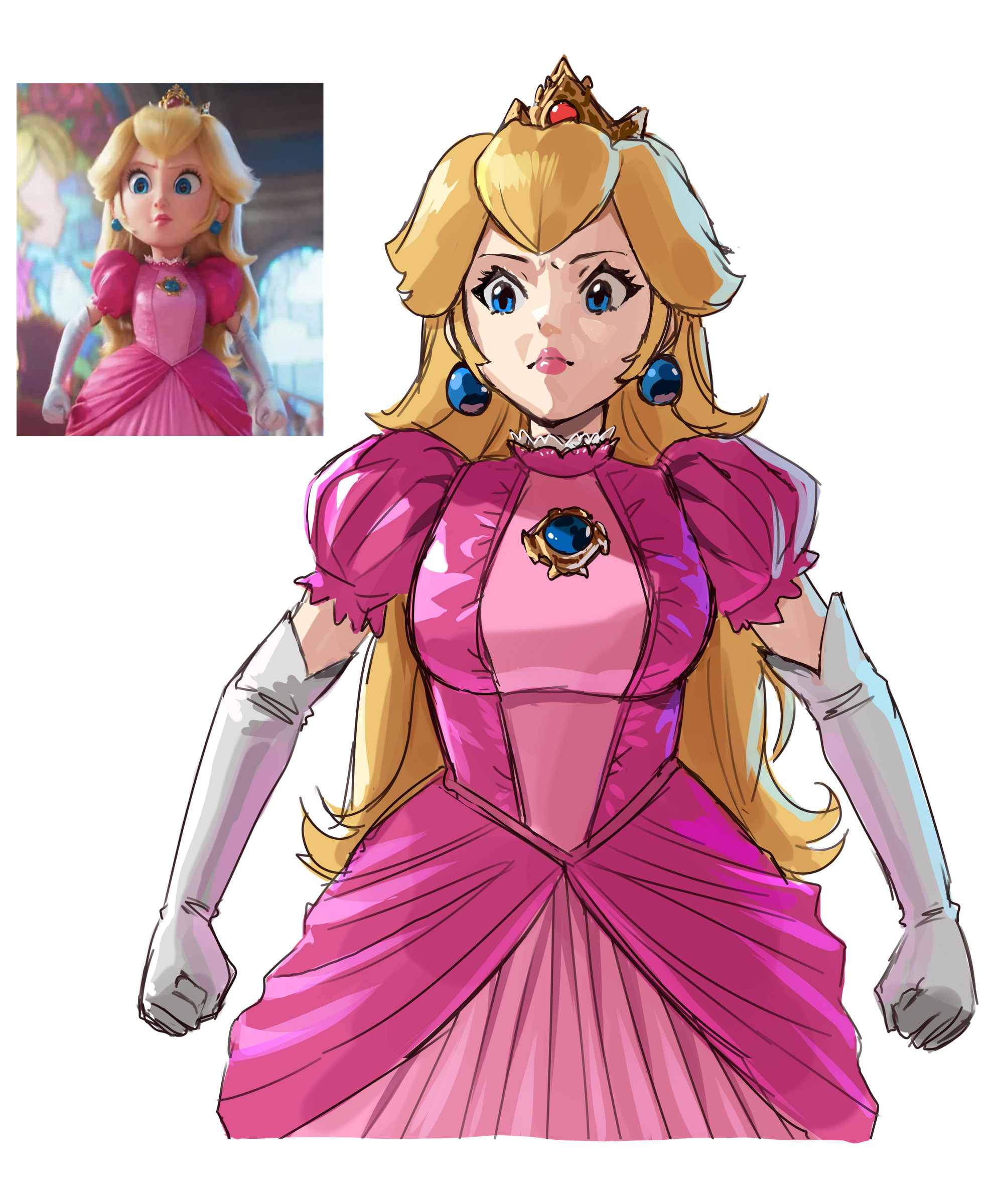 enma (enmanuelart), princess peach, mario (series), nintendo, the super mario bros. movie, absurdres, commentary, derivative work, english commentary, highres, screenshot redraw, 1girl, blonde hair, blue eyes, blue gemstone, breasts, clenched hands, closed mouth, crown, dress, earrings, elbow gloves, eyelashes, frown, gem, gloves, jewelry, long hair, looking to the side, medium breasts, pink dress, pink lips, puffy short sleeves, puffy sleeves, reference inset, short sleeves, sidelocks, simple background, solo, sphere earrings, upper body, white background, white gloves