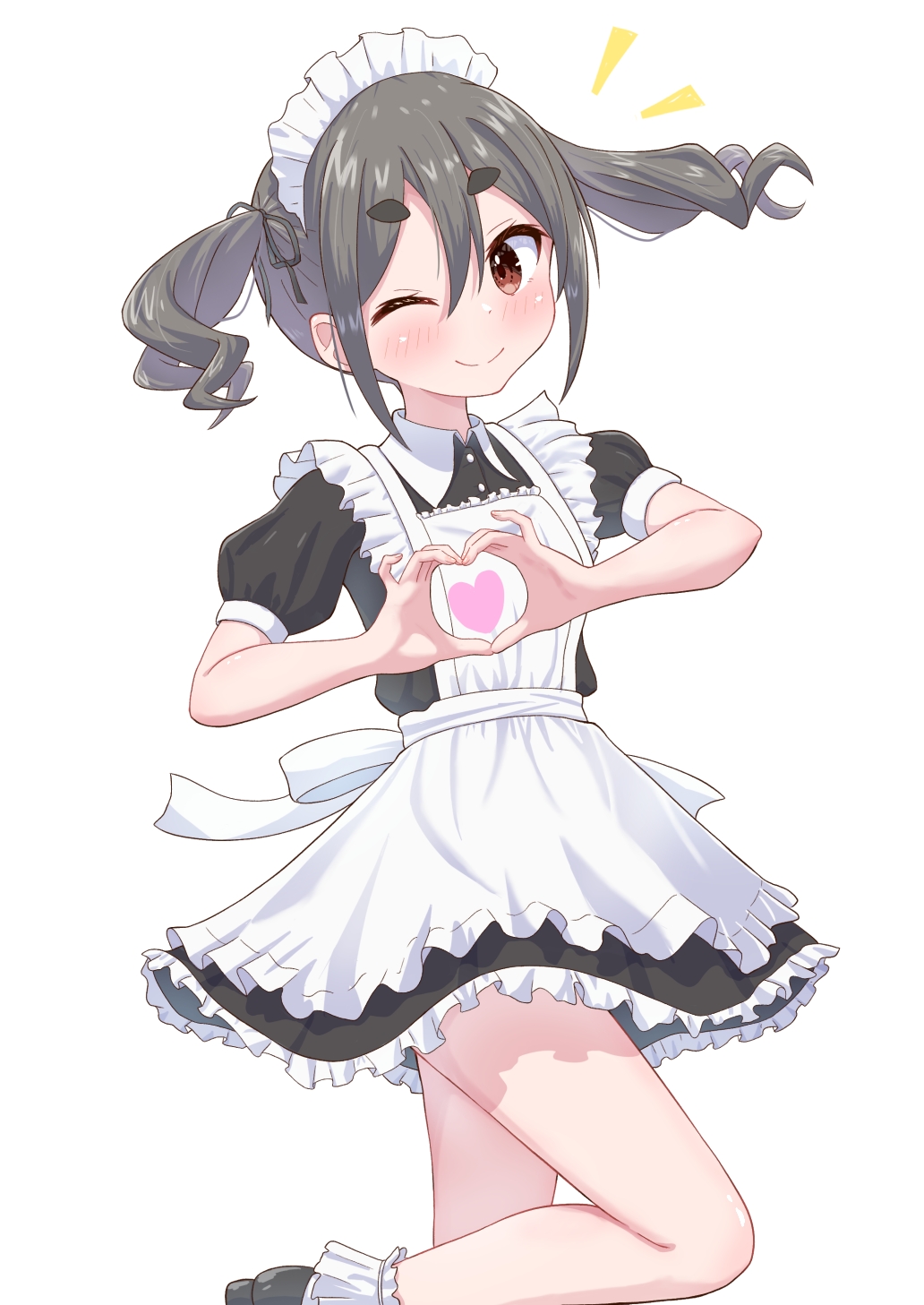 rokkii (pixiv77873722), kiriyama an, mono (afro), highres, 1girl, apron, frilled apron, frills, grey hair, heart, heart hands, leg up, looking at viewer, maid, maid apron, maid headdress, one eye closed, red eyes, simple background, thick eyebrows, twintails, white apron, white background, white headdress
