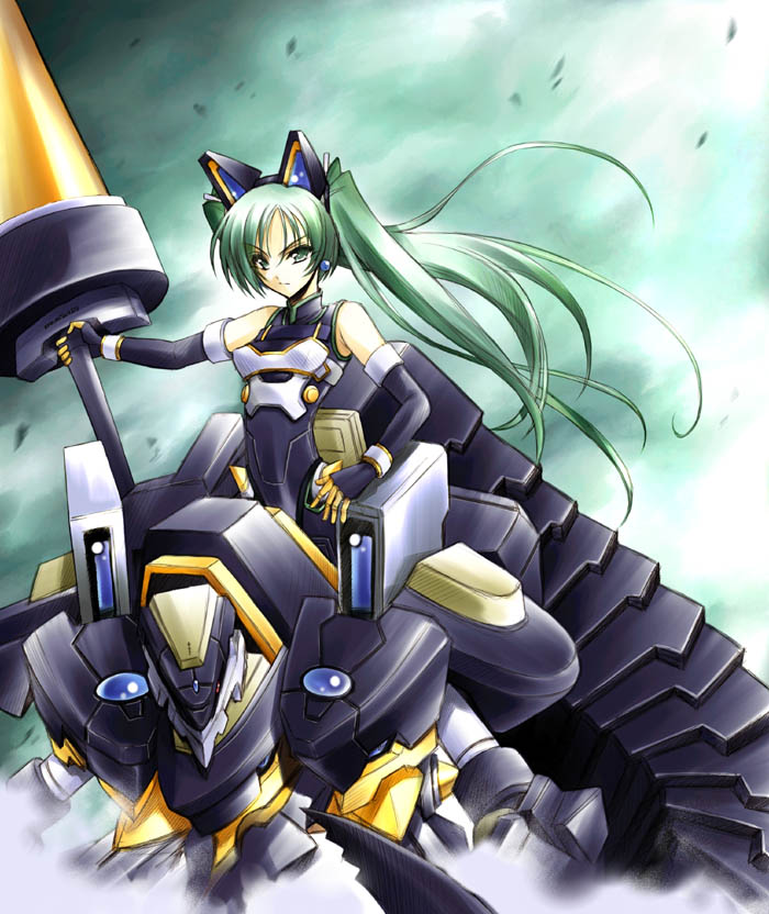 serizawa katsumi, ta kaana, pygmalion, pygmalion (shinrabanshou), shinrabanshou, 1girl, animal ears, bodysuit, earrings, elbow gloves, female focus, fingerless gloves, flat chest, gloves, green eyes, green hair, huge weapon, jewelry, leaf, long hair, matching hair/eyes, mecha, mecha musume, robot, solo, twintails, weapon, wind