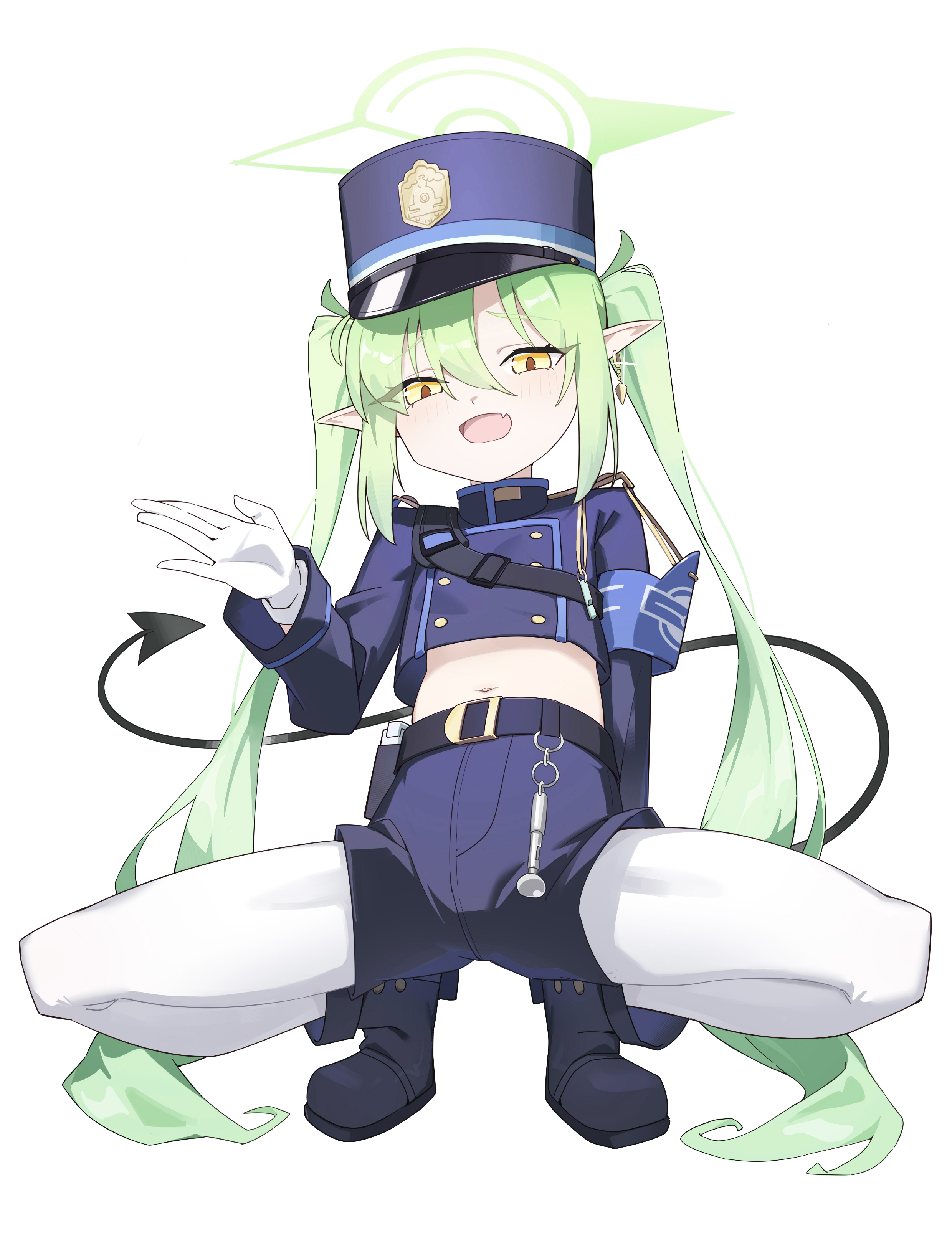 kaminari (edeath), nozomi (blue archive), blue archive, absurdres, commentary, highres, 1girl, armband, belt, black boots, black tail, blue armband, blue hat, blue jacket, blue shorts, boots, buttons, cropped jacket, demon tail, double-breasted, earrings, fang, flat chest, full body, gloves, green hair, green halo, hair between eyes, halo, hand up, hat, jacket, jewelry, light blush, long hair, long sleeves, looking at viewer, midriff, navel, open mouth, pantyhose, peaked cap, pointy ears, raised inner eyebrows, short shorts, shorts, sidelocks, simple background, single earring, skin fang, solo, spread legs, squatting, tail, tiptoes, very long hair, white background, white gloves, white pantyhose, yellow eyes
