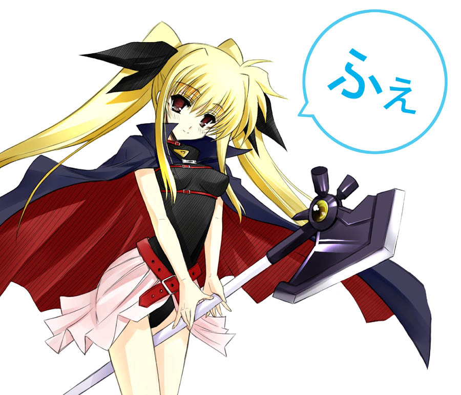 serizawa katsumi, ta kaana, bardiche (device form) (nanoha), bardiche (nanoha), fate testarossa, fate testarossa (original form), lyrical nanoha, mahou shoujo lyrical nanoha, 00s, 1girl, axe, blonde hair, cape, female focus, long hair, red eyes, simple background, solo, twintails, weapon