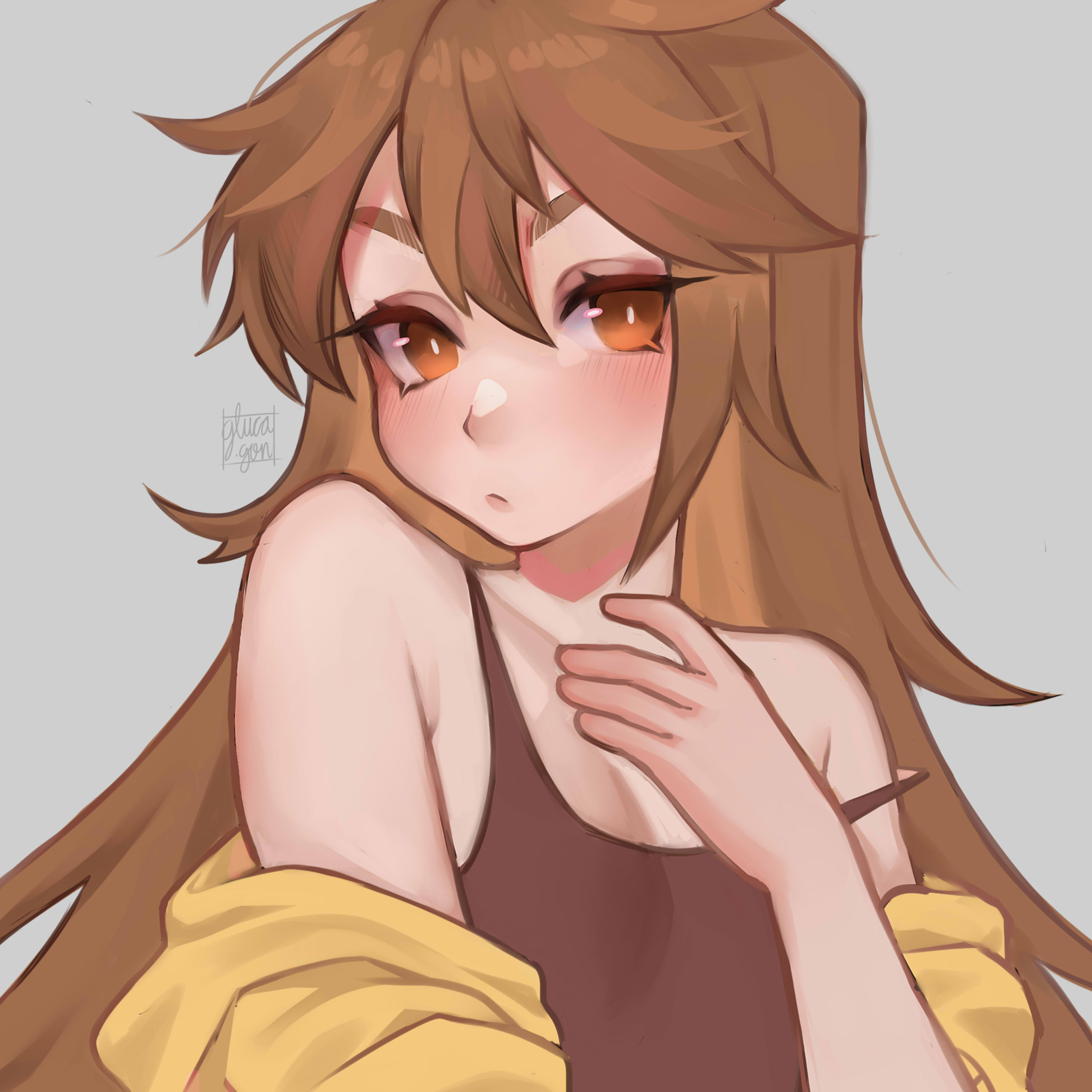 original, absurdres, commentary, english commentary, highres, 1girl, :/, black camisole, brown eyes, brown hair, camisole, flat chest, gluca, grey background, long hair, off shoulder, signature, solo, strap slip, thick eyebrows, upper body, v-shaped eyebrows